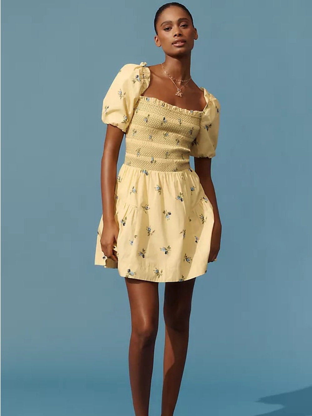BY ANTHROPOLOGIE • Yellow Floral Smocked Mini Dress with Puff Sleeves - Large